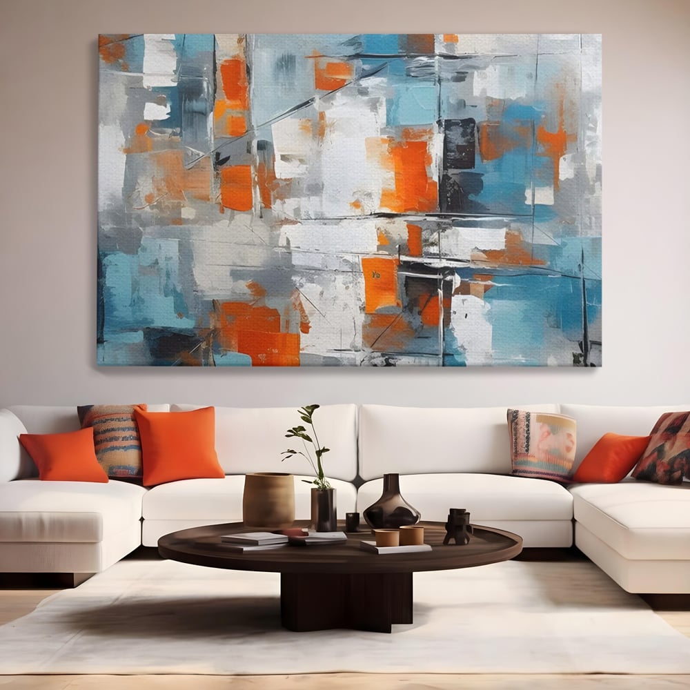 Tablou canvas cu pictura abstracta cu blocuri portocalii si albastre, fara rama, pe sasiu de lemn, pe perete intr-un living